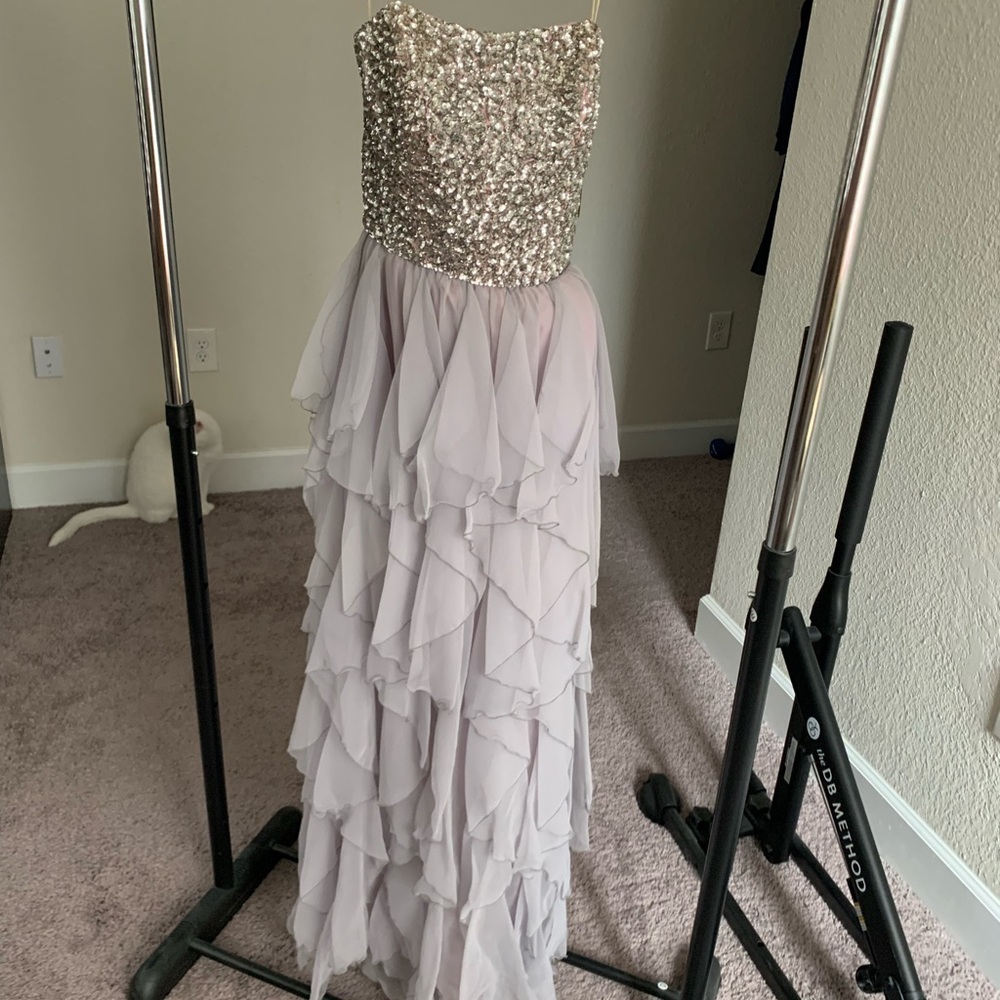 Mike Benet silver sequin and chiffon formal gown.